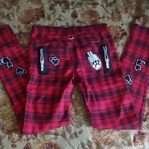 Banned red plaid black cat skinny pants Small EUC  totally punk